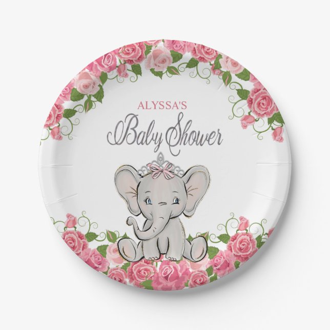 Pink Princess Elephant Tiara Girl Baby Shower Paper Plate (Front)