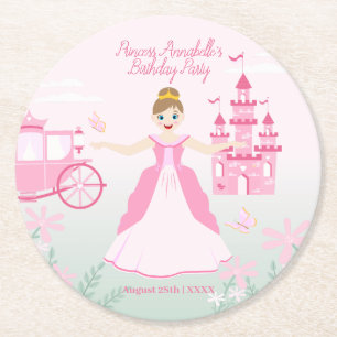 Pink Princess Fantasy Birthday Party Round Paper Coaster