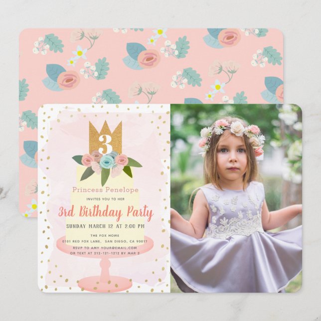 Pink Princess Floral Cake Girl Photo Birthday Invitation (Front/Back)