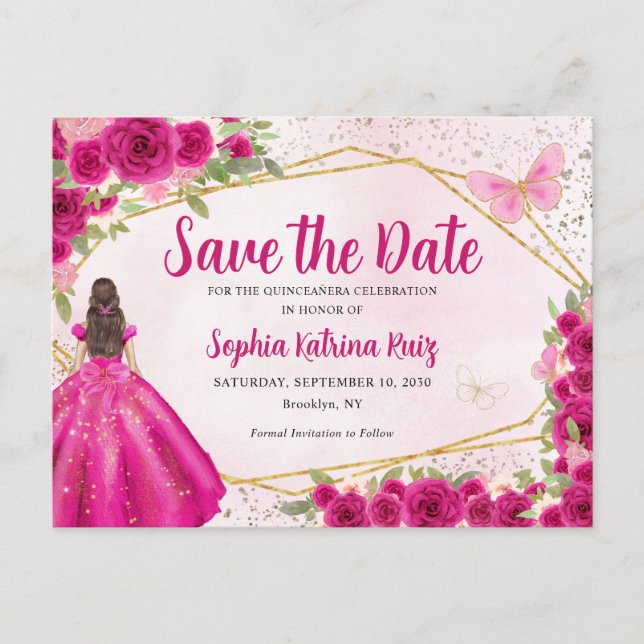 Pink Princess Floral Quinceañera Save the Date Postcard (Front)