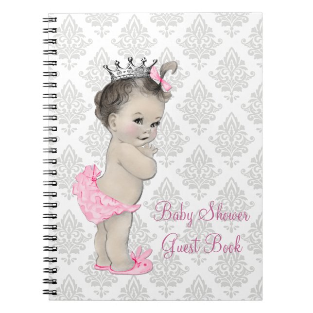 Pink Princess Grey Damask Baby Shower Guest Book (Front)