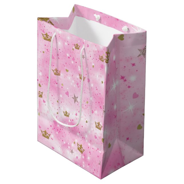 Pink Princess Hearts Stars & Crowns Birthday Party Medium Gift Bag (Front Angled)