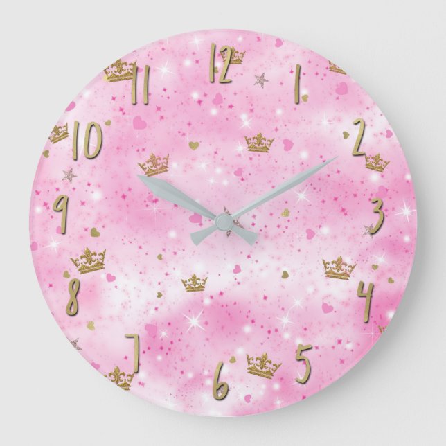 Pink Princess Hearts Stars Crowns Glitter Sparkle Large Clock (Front)