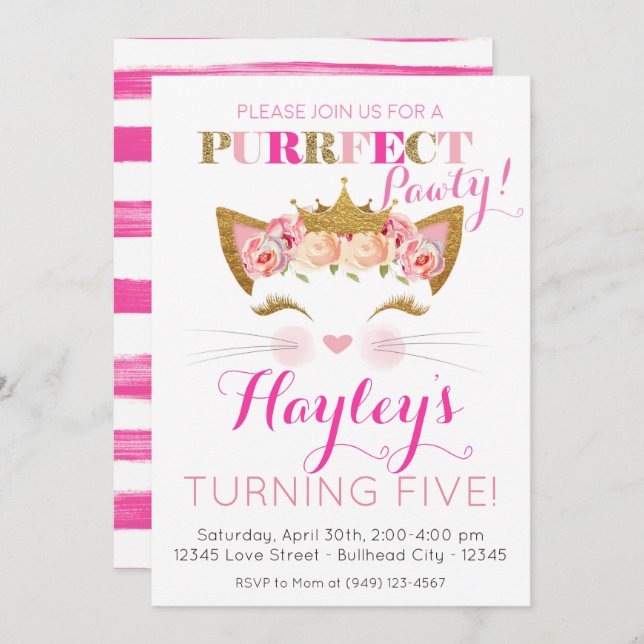Pink Princess Kitten Cat Birthday Invitation (Front/Back)
