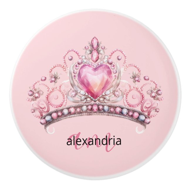 Pink Princess Monogram Tiara Girly Ceramic Knob (Front)