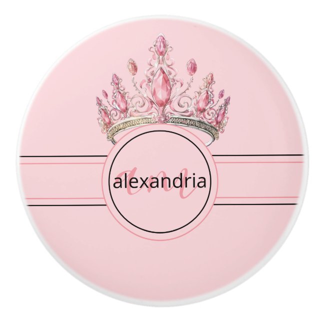 Pink Princess Monogram Tiara Girly Ceramic Knob (Front)