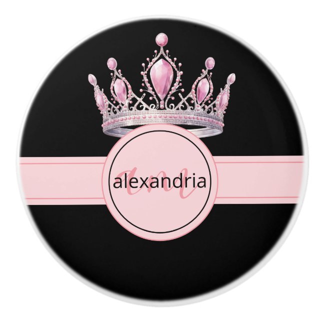 Pink Princess Monogram Tiara Girly Ceramic Knob (Front)