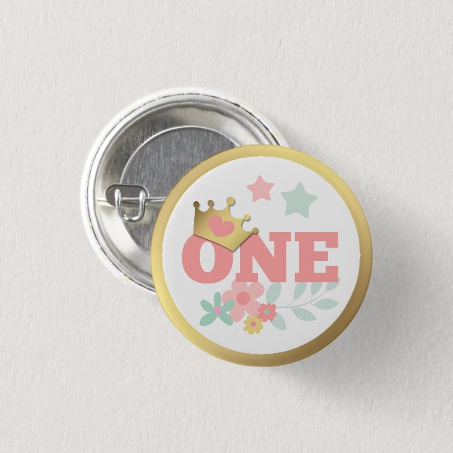 Pink Princess "One" Crown Baby Girl First Birthday 3 Cm Round Badge (Front & Back)