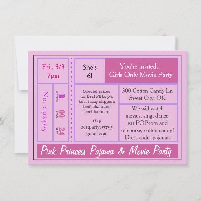 Pink Princess Pajama and Movie Party Invite (Front)