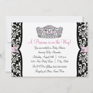 Pink Princess Pink Black Damask Baby Shower Invitation