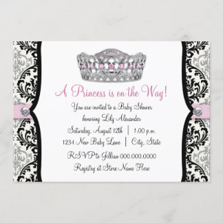 Pink Princess Pink Black Damask Baby Shower Invitation
