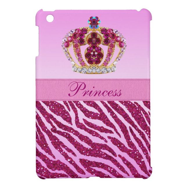 Pink Princess Printed Crown & Zebra Glitter iPad Mini Case (Back)