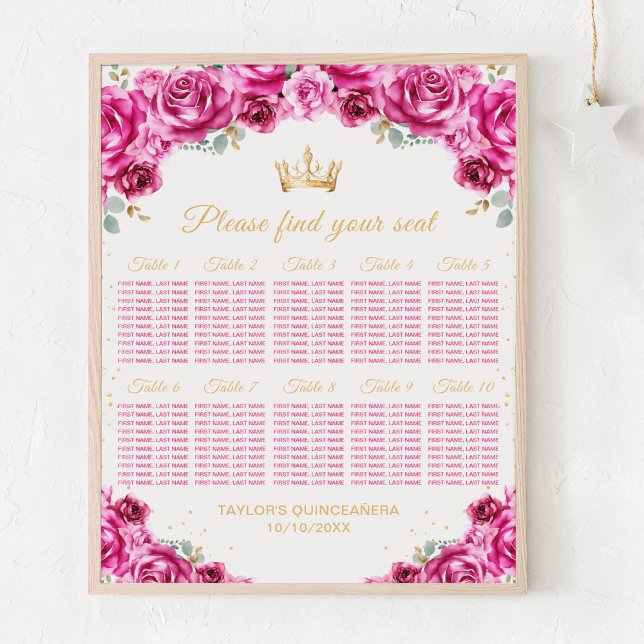Pink Princess Quinceañera 10 Table Seating Chart (Creator Uploaded)