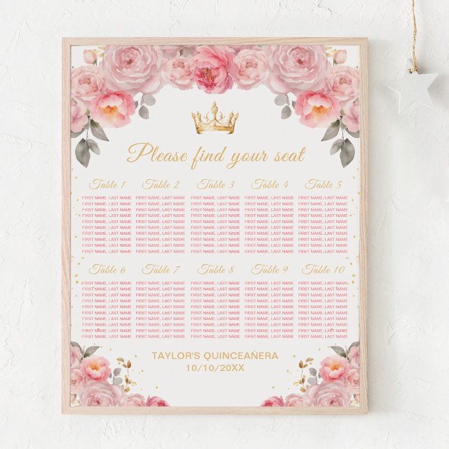 Pink Princess Quinceañera 10 Tables Seating Chart (Creator Uploaded)
