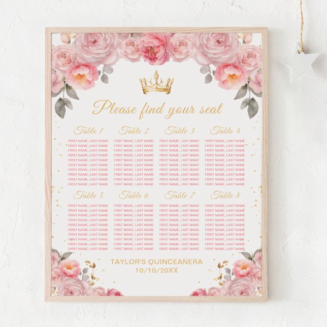 Pink Princess Quinceañera 8 Tables Seating Chart (Creator Uploaded)