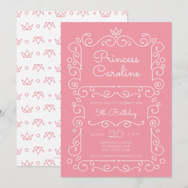 Pink Princess Scroll Birthday Invitation (Front/Back)