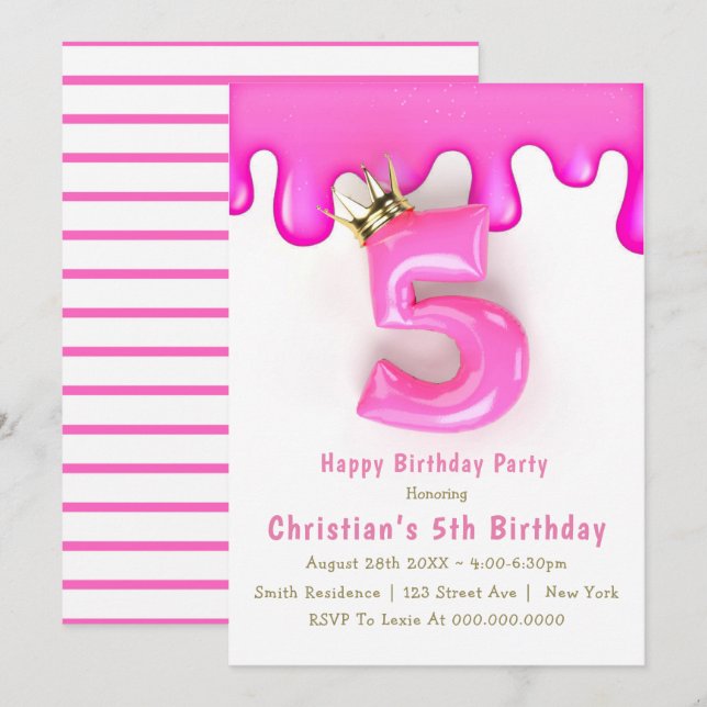 Pink Princess Slime 5th Birthday Invitations (Front/Back)