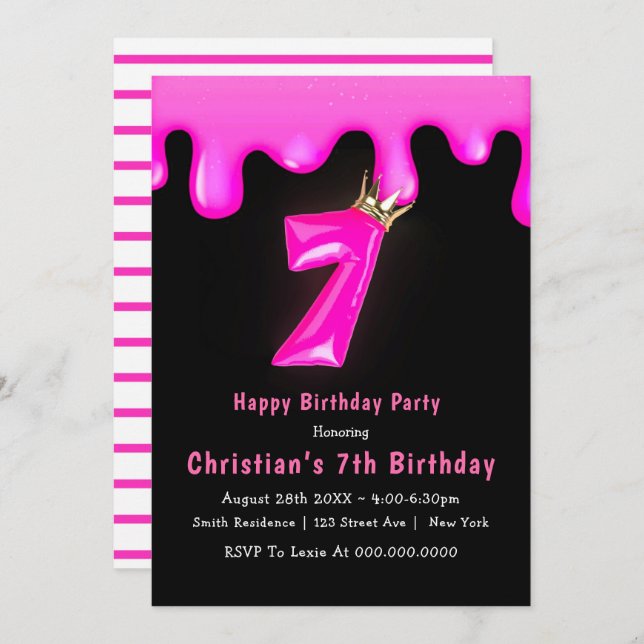 Pink Princess Slime 7th Birthday Invitations (Front/Back)