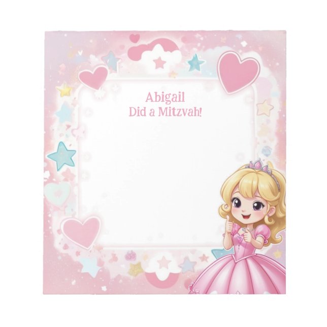Pink Princess Theme Blonde Personalised Mitzvah Notepad (Front)