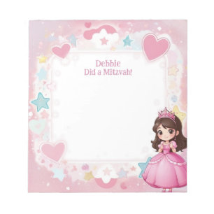 Pink Princess Themed Brunette Personalised Mitzvah Notepad