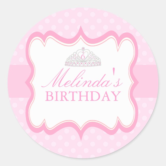Pink Princess Tiara Girls Birthday Sticker (Front)