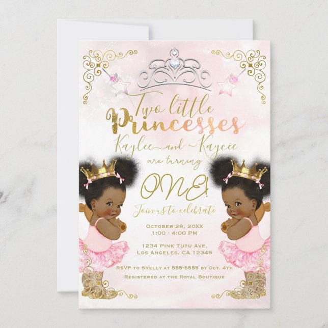 Pink Princess Tutu Crown Twin Dark Skin Birthday  Invitation (Front)