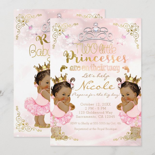 Pink Princess Tutu & Crown Twin Girls Baby Shower Invitation (Front/Back)