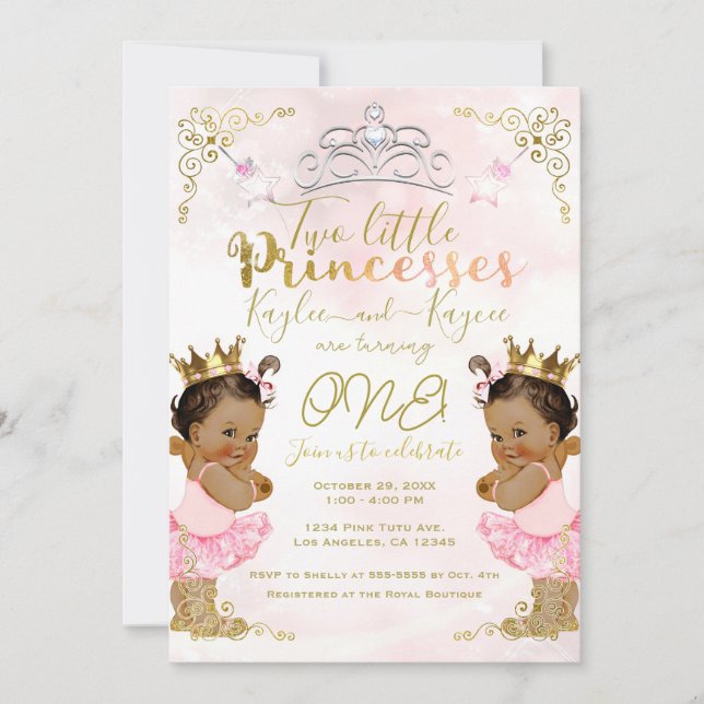 Pink Princess Tutu & Crown Twin Girls Birthday Invitation (Front)