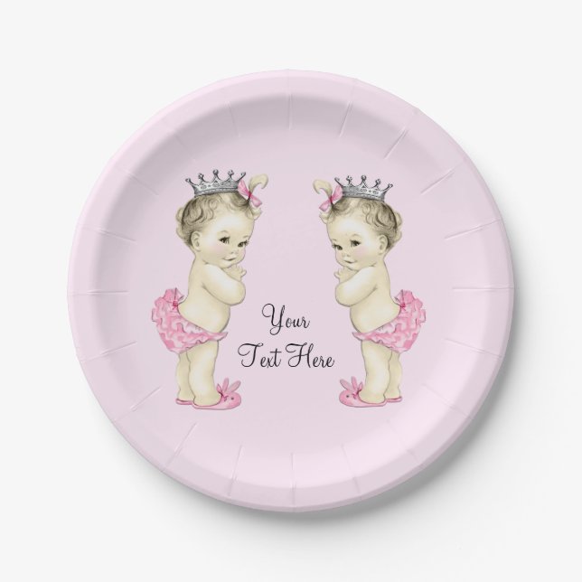 Pink Princess Twin Baby Girl Paper Plate (Front)