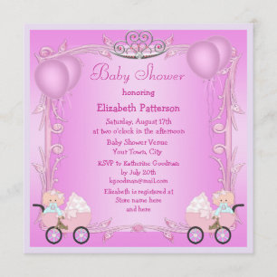 Pink Princess Twin Girls in Strollers Baby Shower Invitation