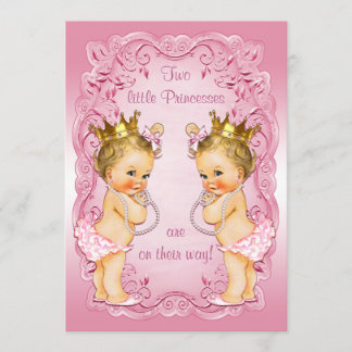 Pink Princess Twins with Pearls Baby Shower Invitation