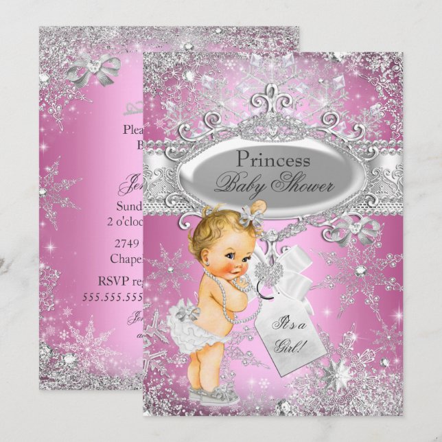 Pink Princess Winter Wonderland Baby Shower Blonde Invitation (Front/Back)