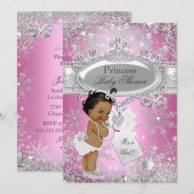 Pink Princess Winter Wonderland Baby Shower Ethnic Invitation (Front/Back)
