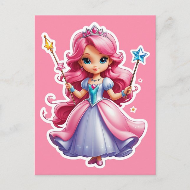 Pink Princess With Magical Wand And Tiara Postcard (Front)
