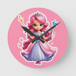 Pink Princess With Magical Wand And Tiara Round Clock