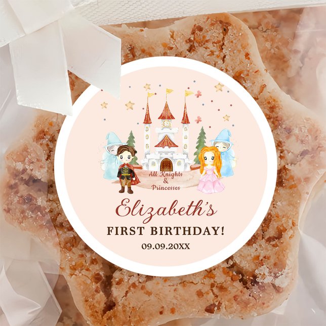 Pink Princesses and Knights Girl Birthday Classic Round Sticker (Creator Uploaded)