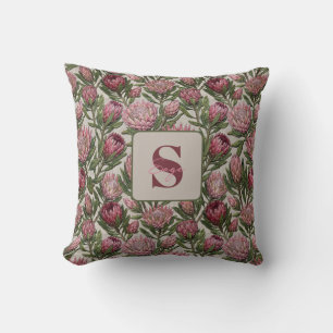 Pink Protea Embroidery Floral Monogram Cushion
