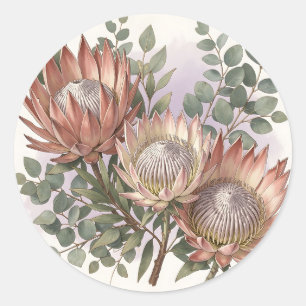 Pink Protea Eucalyptus Botanical Arrangement  Classic Round Sticker