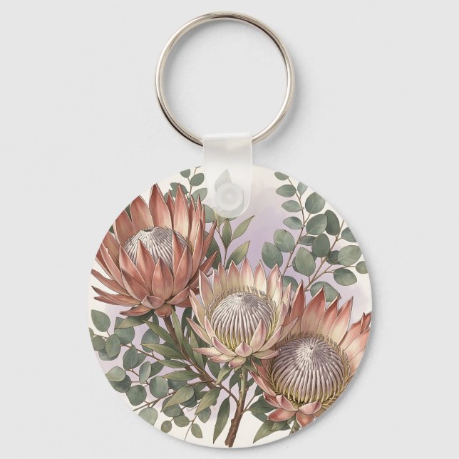 Pink Protea Eucalyptus Botanical Arrangement  Key Ring (Front)