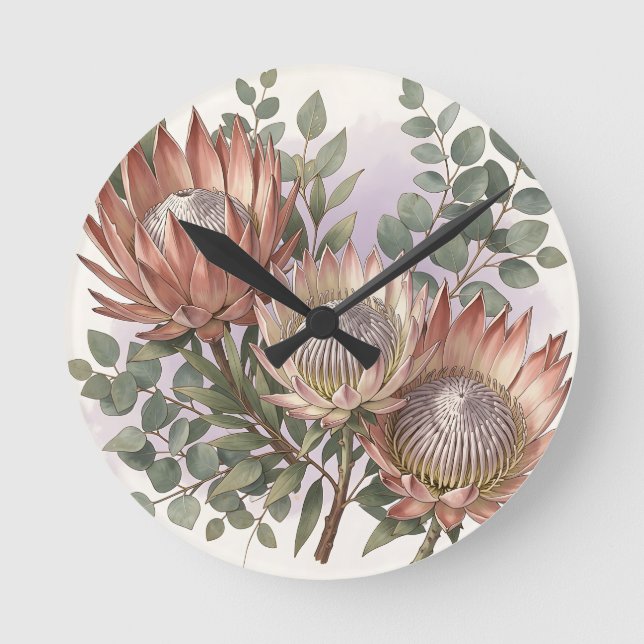 Pink Protea Eucalyptus Botanical Arrangement  Round Clock (Front)