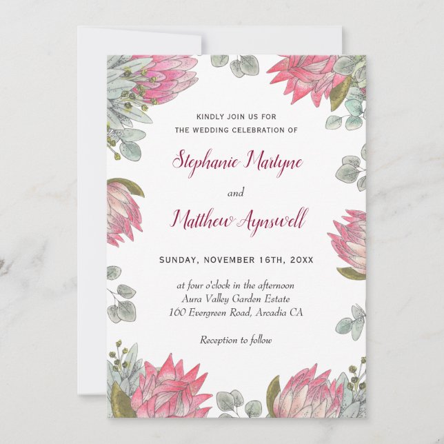 Pink Protea Eucalyptus Floral Wedding Invitation (Front)