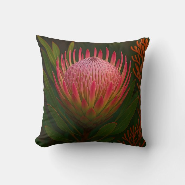 Pink Protea Flower Exotic Bloom Cushion (Front)