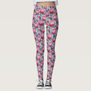 Pink Protea Green Leaf All-Over-Print Leggings