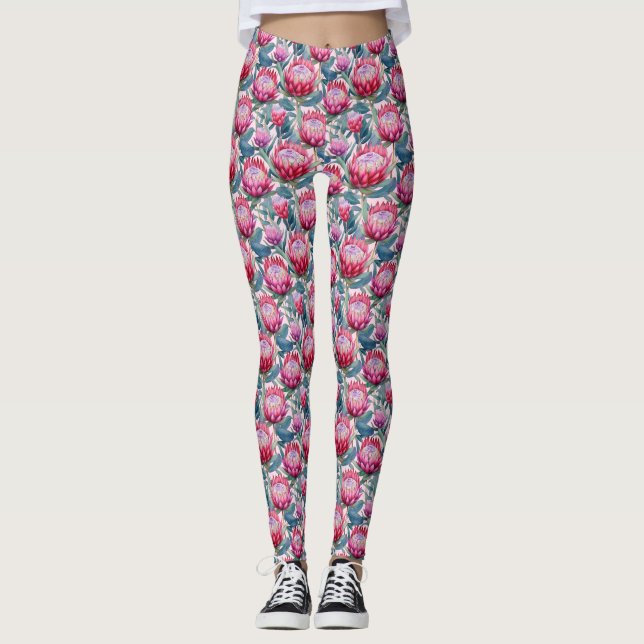 Pink Protea Green Leaf All-Over-Print Leggings (Front)