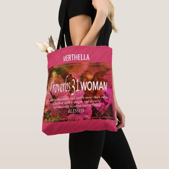 Pink Proverbs 31 Woman Tote Bag (Close Up)