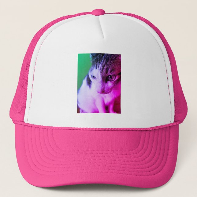 Pink psychedelic tabby cat has pink & purple eyes. trucker hat (Front)