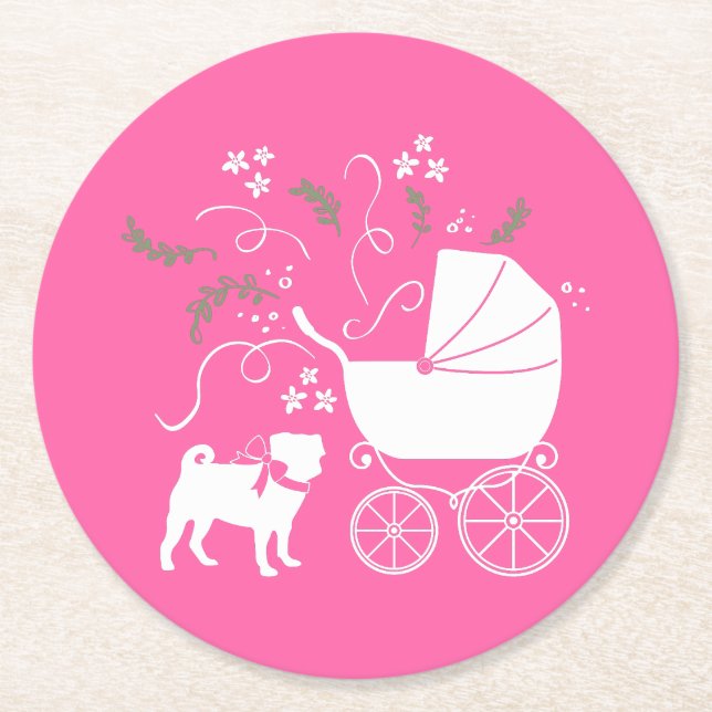 Pink Pug Dog Theme Party Celebration Round Paper Coaster (Front)