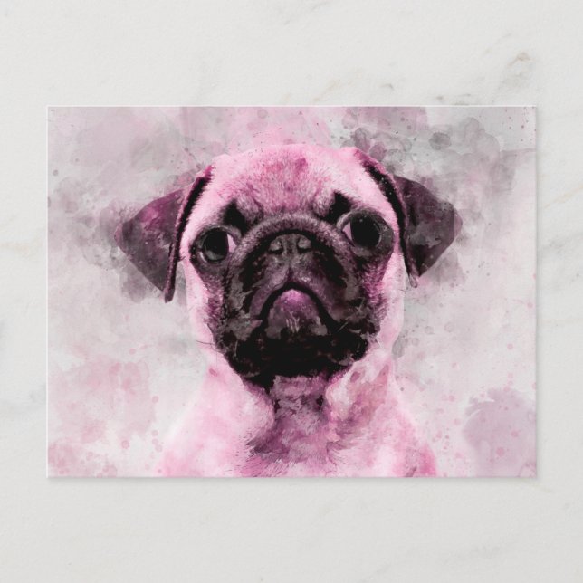 Pink Pug Dog Watercolor Portrait 02 Postcard (Front)
