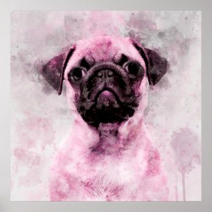 Pink Pug Dog Watercolor Portrait 02 Poster