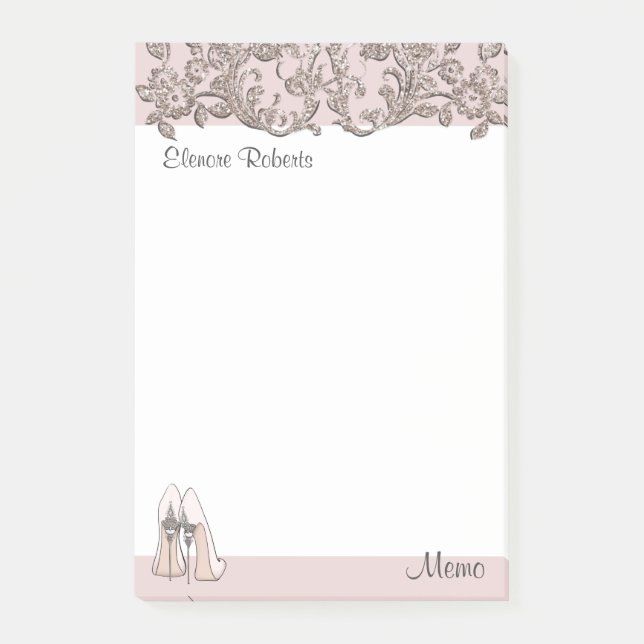 Pink pump/stiletto & floral swirls post-it notes (Front)
